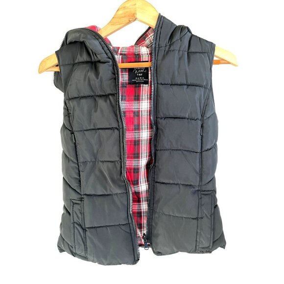 ZARA Black & Plaid Winter Puffy Vest XS - Picture 2 of 10